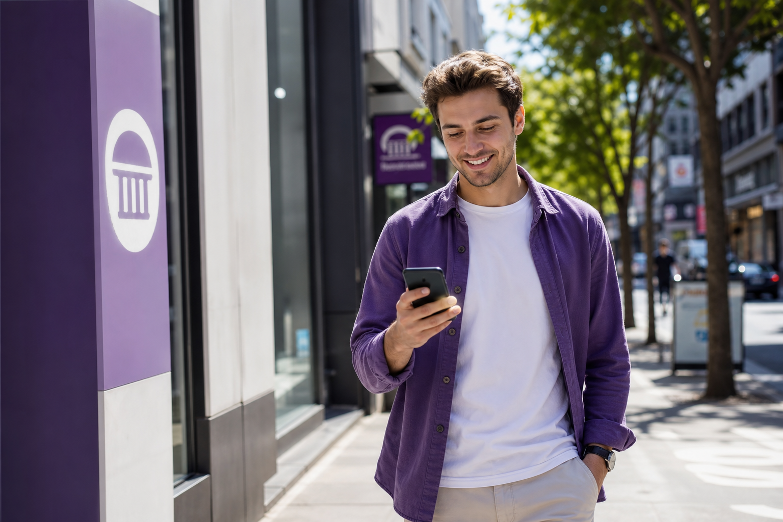 Person using the Truist app outdoors to check accounts on the go