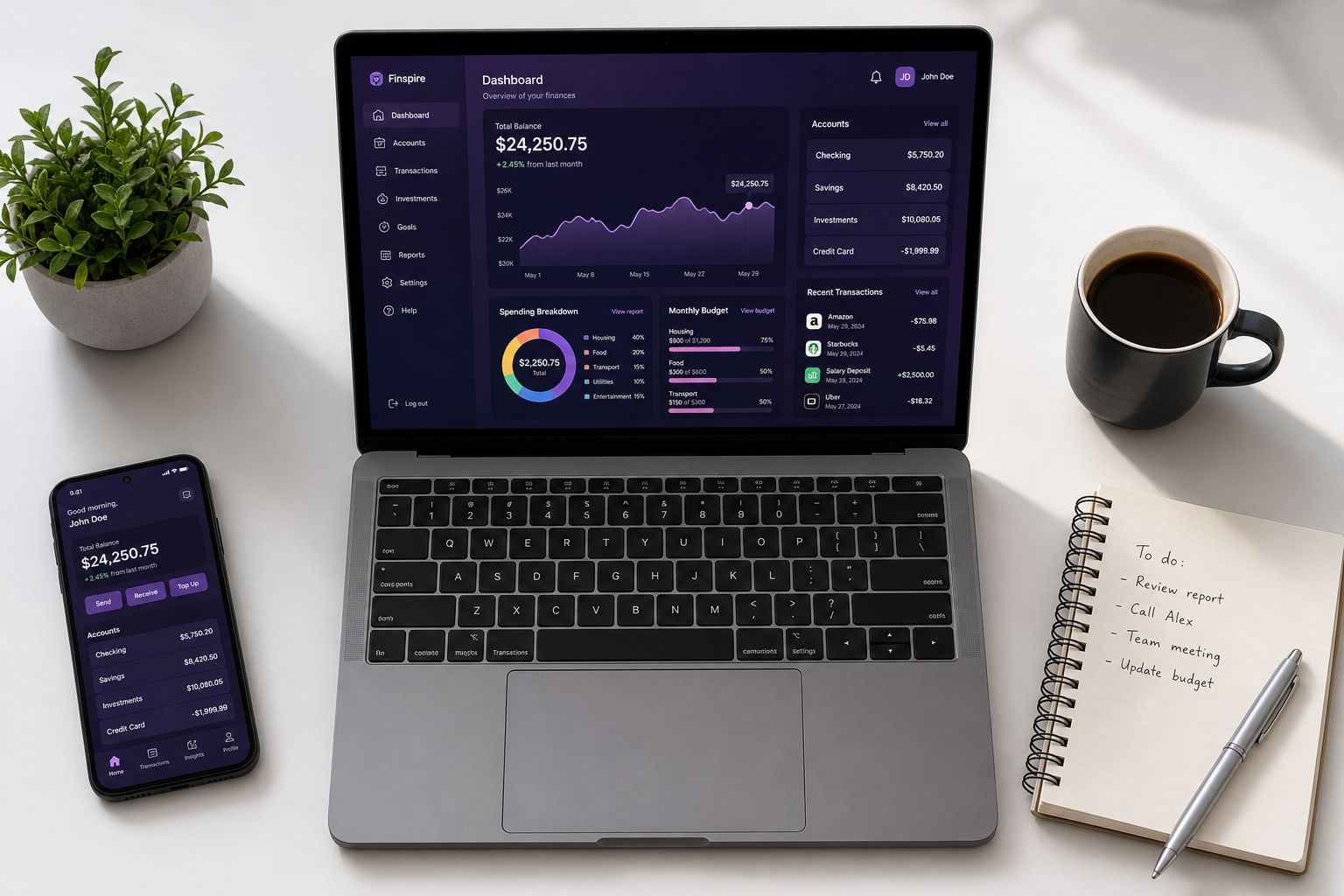 Truist OneView style dashboard showing balances and insights on a laptop and phone