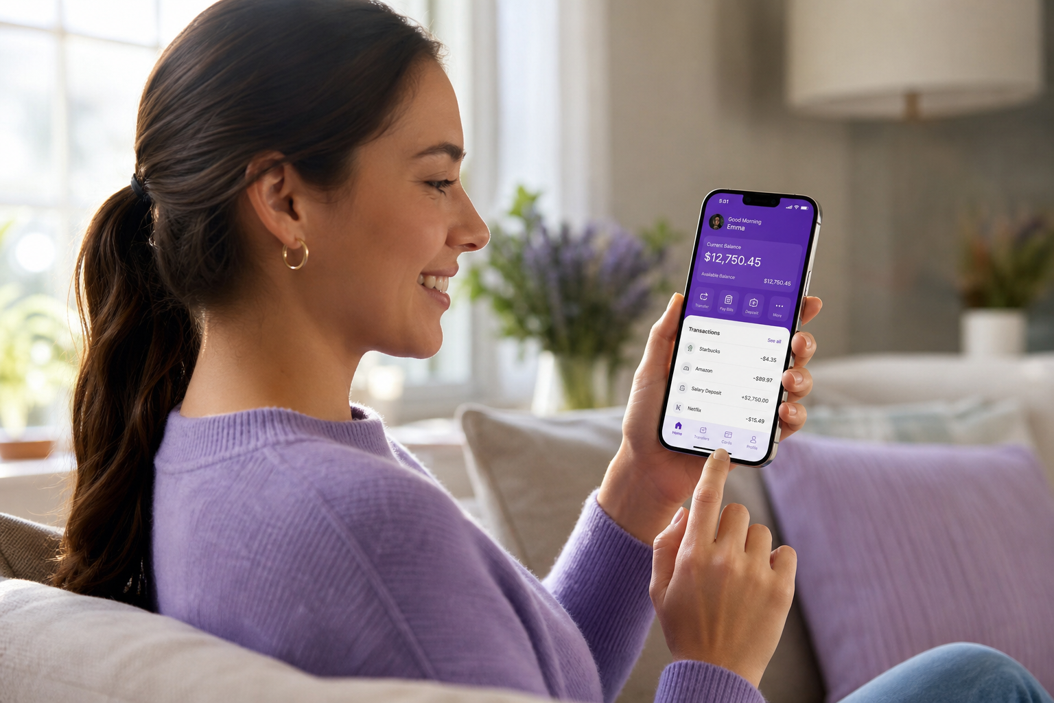 Customer using the Truist app on a smartphone to view balances at home